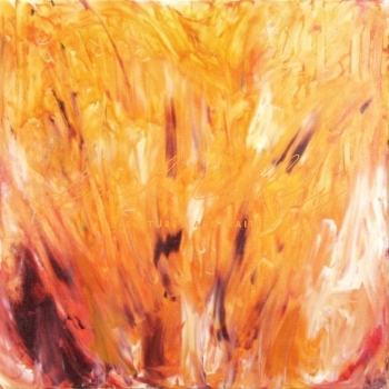 Visuel d'un tableau abstrait sur l'element feu, couleurs jaune, rouge, blanc
